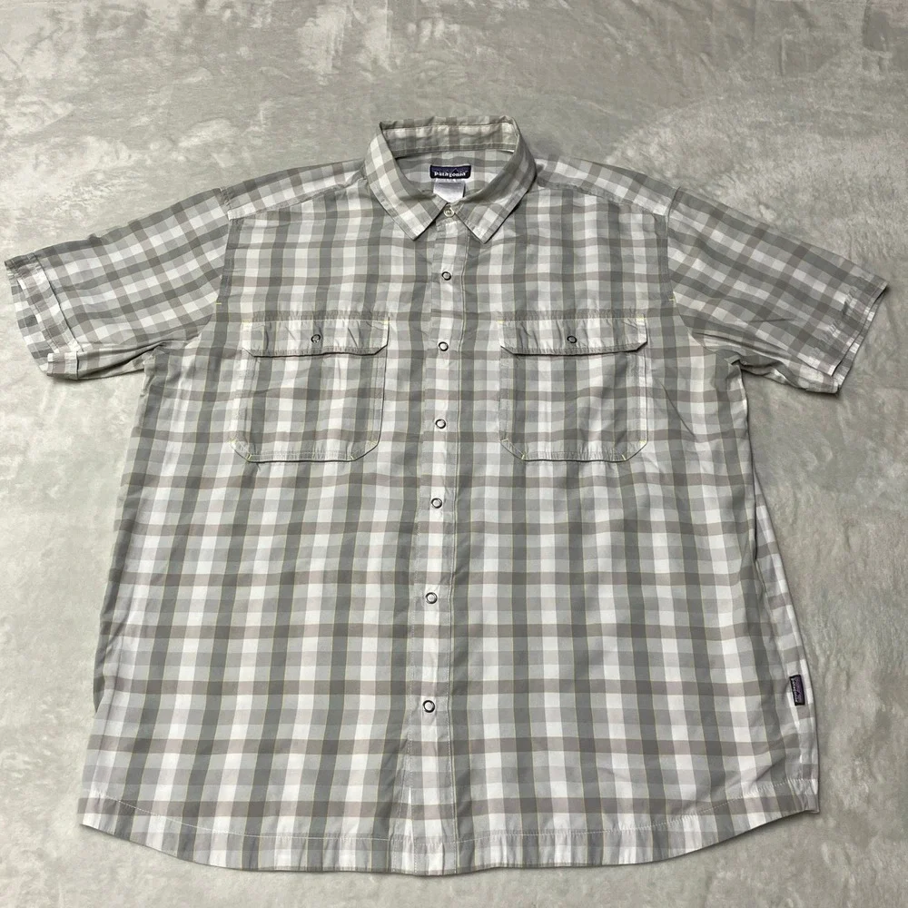 Patagonia Button Up Shirt Snap Front Plaid Double Pocket Hiking Camp Mens Large